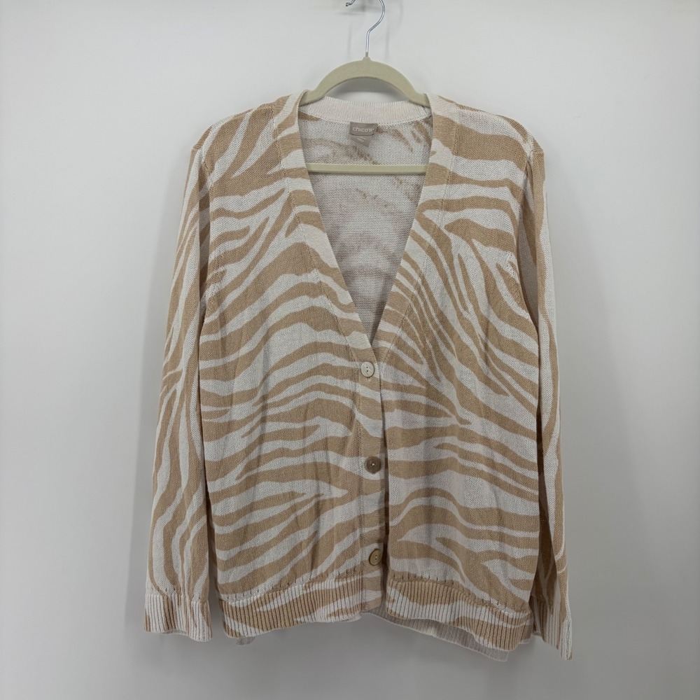 Chico's Womens XL Tan Zebra Print Linen Cotton V-Neck Button Front Cardigan